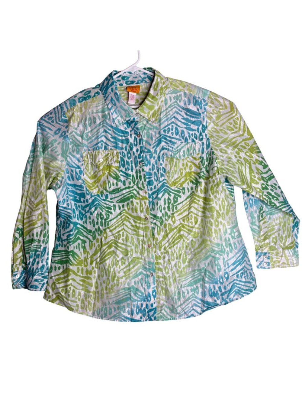Ruby Rd Womens 22W Shirt Green Blue Abstract Print Cotton Blend Long Sleeve⁠